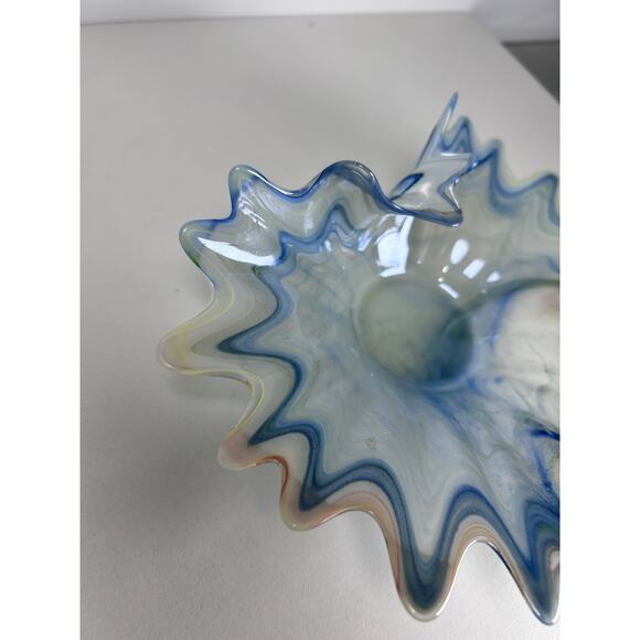VTG Murano Iridescent Pearlized Blue White Swirl Bowl Hand Blown Art Glass Italy - Picture 3 of 9